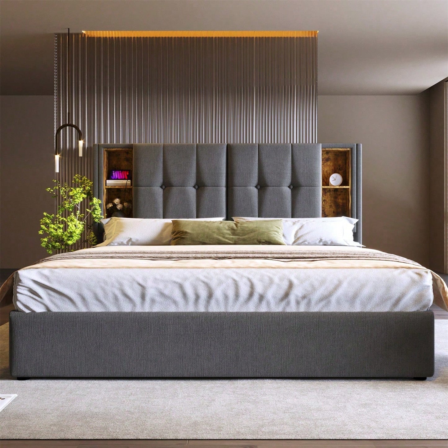 Doppelbett mit Kabellosem Laden USB C, Polsterbett Bettgestell 140x200cm,Bettgestell mit Stauraum Lattenrost aus Holz-Grau Baumwolle
