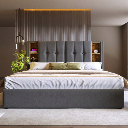 Doppelbett mit Kabellosem Laden USB C, Polsterbett Bettgestell 140x200cm,Bettgestell mit Stauraum Lattenrost aus Holz-Grau Baumwolle