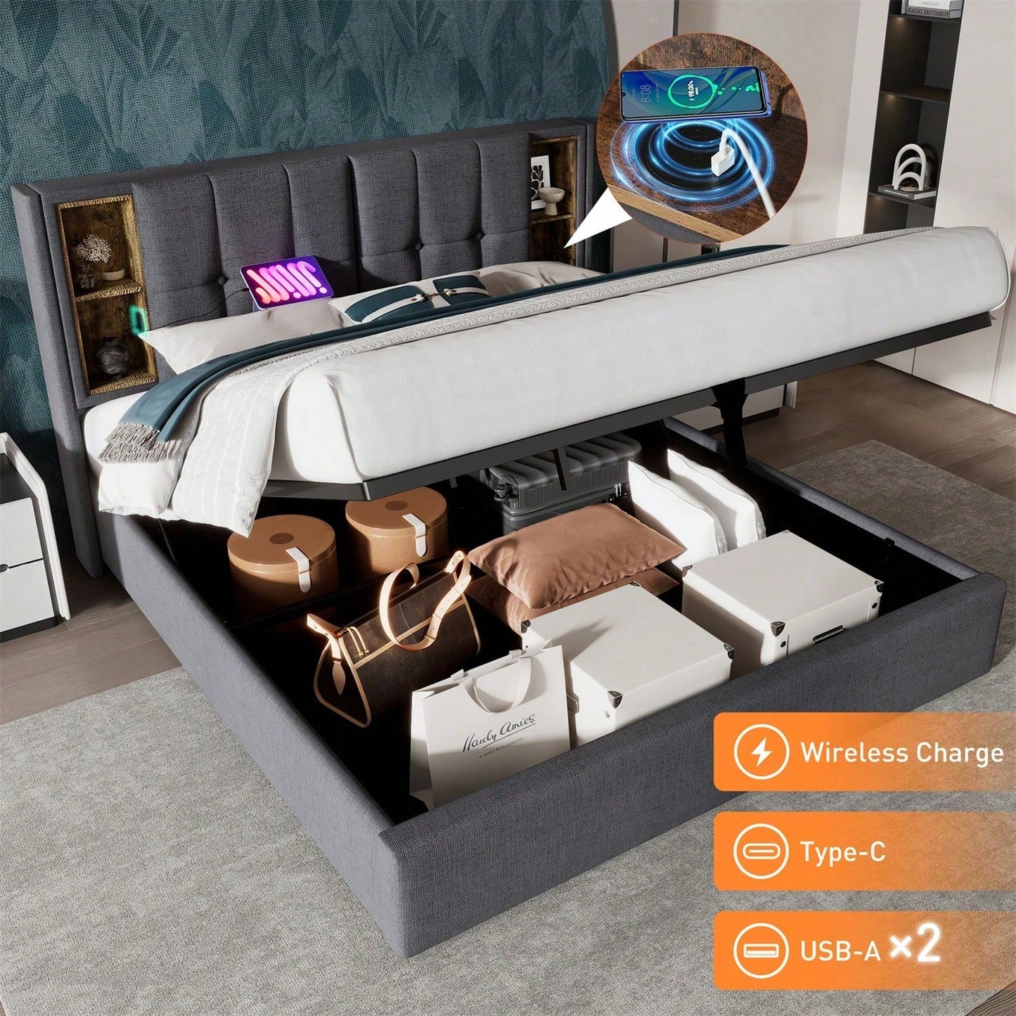 Doppelbett mit Kabellosem Laden USB C, Polsterbett Bettgestell 140x200cm,Bettgestell mit Stauraum Lattenrost aus Holz-Grau Baumwolle