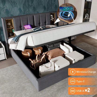 Doppelbett mit Kabellosem Laden USB C, Polsterbett Bettgestell 140x200cm,Bettgestell mit Stauraum Lattenrost aus Holz-Grau Baumwolle