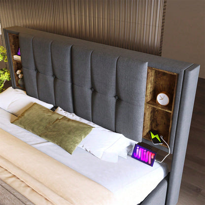 Doppelbett mit Kabellosem Laden USB C, Polsterbett Bettgestell 140x200cm,Bettgestell mit Stauraum Lattenrost aus Holz-Grau Baumwolle