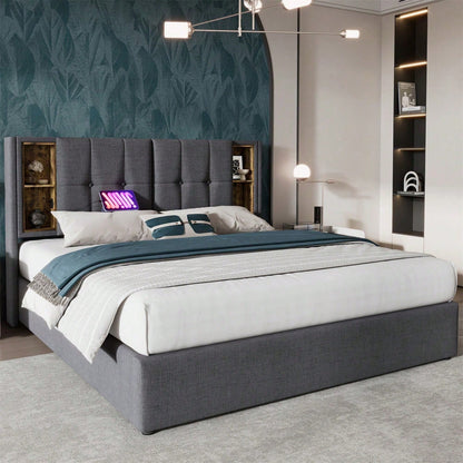 Doppelbett mit Kabellosem Laden USB C, Polsterbett Bettgestell 140x200cm,Bettgestell mit Stauraum Lattenrost aus Holz-Grau Baumwolle