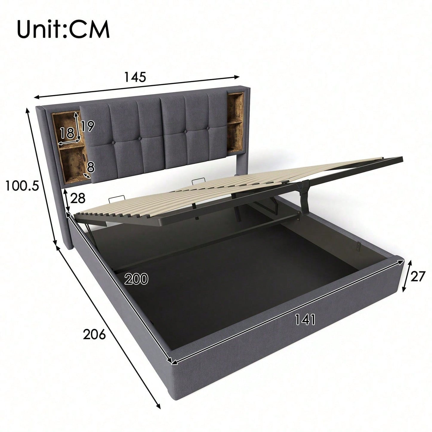 Doppelbett mit Kabellosem Laden USB C, Polsterbett Bettgestell 140x200cm,Bettgestell mit Stauraum Lattenrost aus Holz-Grau Baumwolle