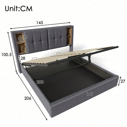 Doppelbett mit Kabellosem Laden USB C, Polsterbett Bettgestell 140x200cm,Bettgestell mit Stauraum Lattenrost aus Holz-Grau Baumwolle