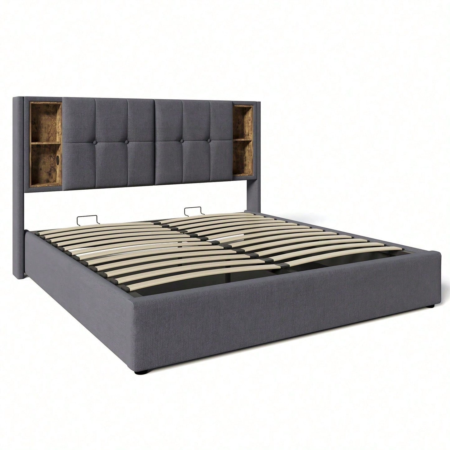 Doppelbett mit Kabellosem Laden USB C, Polsterbett Bettgestell 140x200cm,Bettgestell mit Stauraum Lattenrost aus Holz-Grau Baumwolle