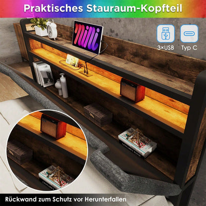 Polsterbett mit USB Typ C Ladefunktion Stauraum-Kopfteil und LED-Beleuchtung und Schubladen, Doppelbett 140x 200 Stauraumbetten Bettgestell mit Lattenrost aus Metallrahmen, Grau