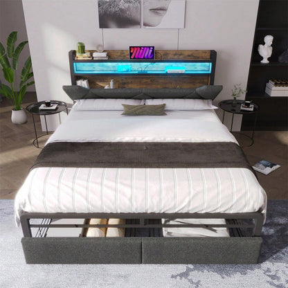 Polsterbett mit USB Typ C Ladefunktion Stauraum-Kopfteil und LED-Beleuchtung und Schubladen, Doppelbett 140x 200 Stauraumbetten Bettgestell mit Lattenrost aus Metallrahmen, Grau