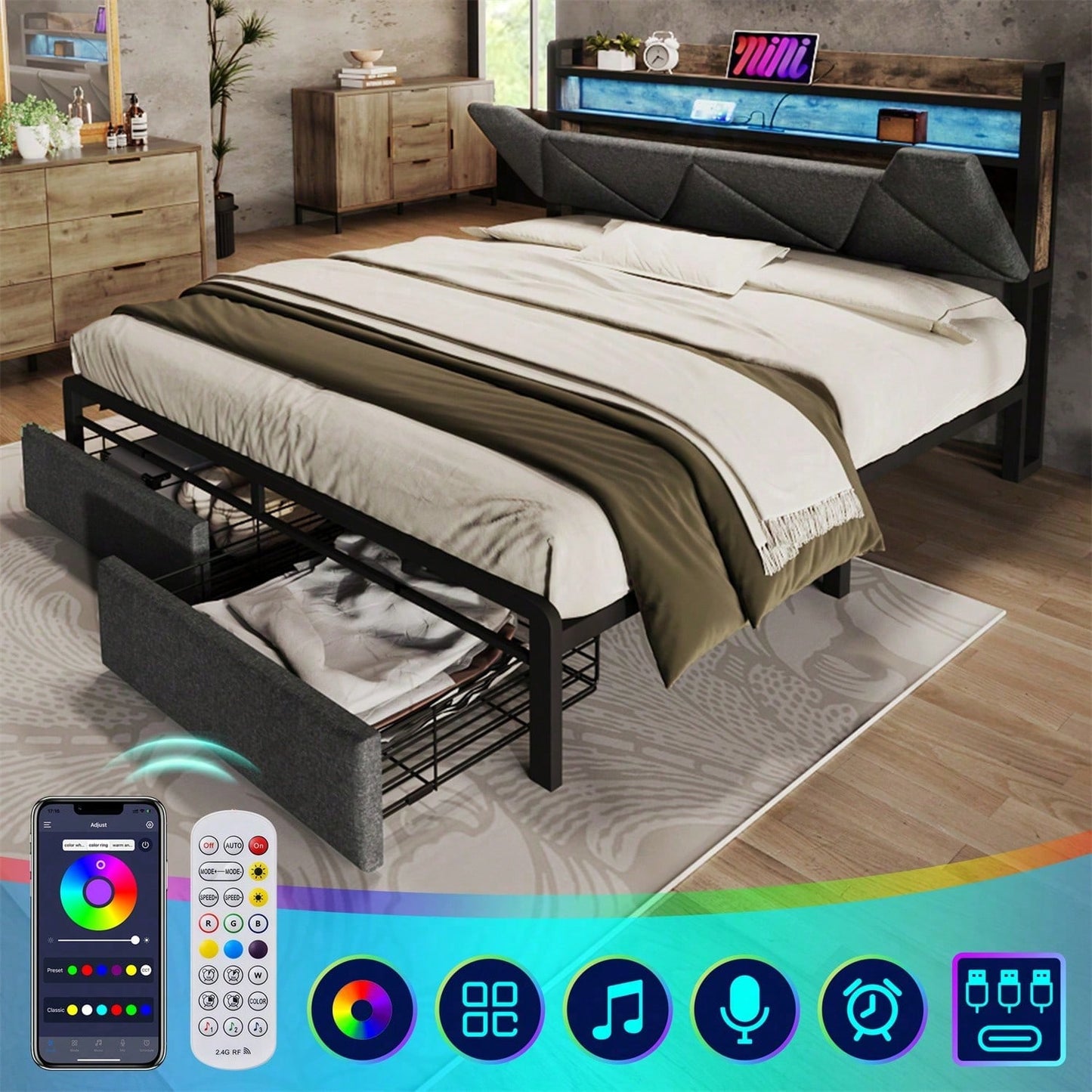 Polsterbett mit USB Typ C Ladefunktion Stauraum-Kopfteil und LED-Beleuchtung und Schubladen, Doppelbett 140x 200 Stauraumbetten Bettgestell mit Lattenrost aus Metallrahmen, Grau
