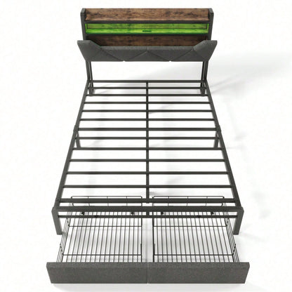 Polsterbett mit USB Typ C Ladefunktion Stauraum-Kopfteil und LED-Beleuchtung und Schubladen, Doppelbett 140x 200 Stauraumbetten Bettgestell mit Lattenrost aus Metallrahmen, Grau