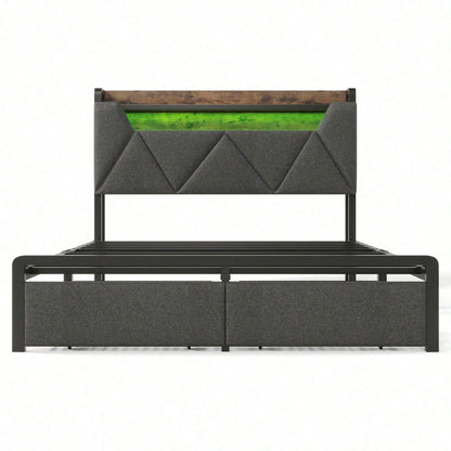 Polsterbett mit USB Typ C Ladefunktion Stauraum-Kopfteil und LED-Beleuchtung und Schubladen, Doppelbett 140x 200 Stauraumbetten Bettgestell mit Lattenrost aus Metallrahmen, Grau