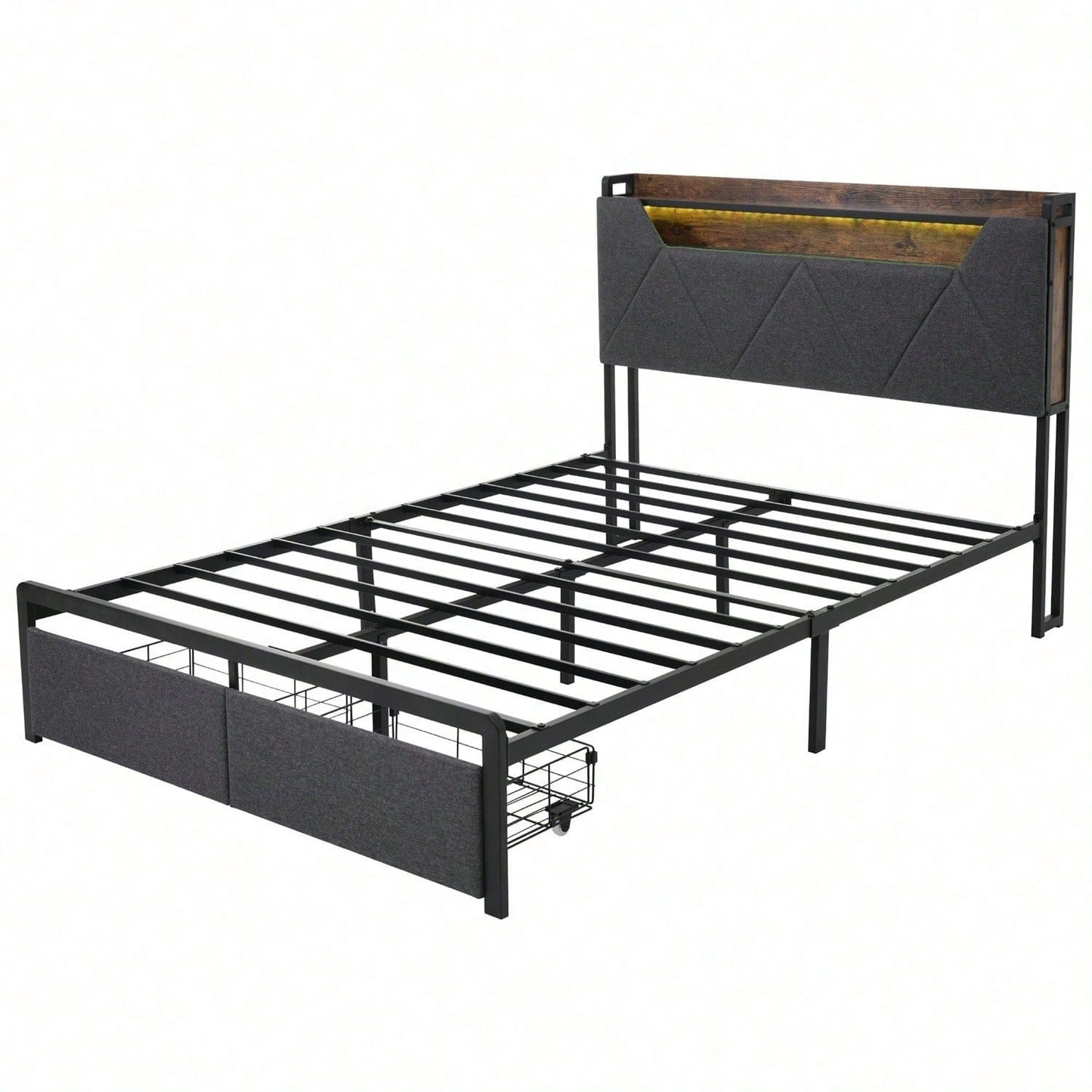 Polsterbett mit USB Typ C Ladefunktion Stauraum-Kopfteil und LED-Beleuchtung und Schubladen, Doppelbett 140x 200 Stauraumbetten Bettgestell mit Lattenrost aus Metallrahmen, Grau