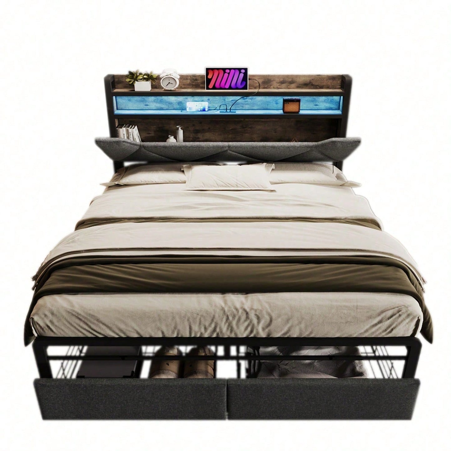 Polsterbett mit USB Typ C Ladefunktion Stauraum-Kopfteil und LED-Beleuchtung und Schubladen, Doppelbett 140x 200 Stauraumbetten Bettgestell mit Lattenrost aus Metallrahmen, Grau