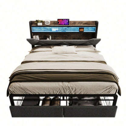 Polsterbett mit USB Typ C Ladefunktion Stauraum-Kopfteil und LED-Beleuchtung und Schubladen, Doppelbett 140x 200 Stauraumbetten Bettgestell mit Lattenrost aus Metallrahmen, Grau