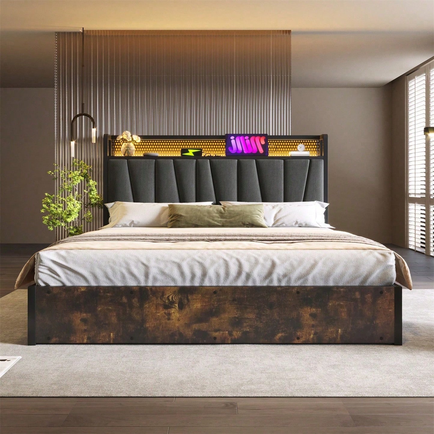Polsterbett Metallbett LED App-Control Doppelbett mit aufladen USB Ladefunktion Kopfteil und LED-Beleuchtung,Metallbett 140x200cm Lattenrost aus Holz, Grau