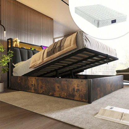 Polsterbett Metallbett LED App-Control Doppelbett mit aufladen USB Ladefunktion Kopfteil und LED-Beleuchtung,Metallbett 140x200cm Lattenrost aus Holz, Grau