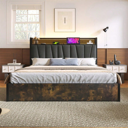 Polsterbett Metallbett LED App-Control Doppelbett mit aufladen USB Ladefunktion Kopfteil und LED-Beleuchtung,Metallbett 140x200cm Lattenrost aus Holz, Grau