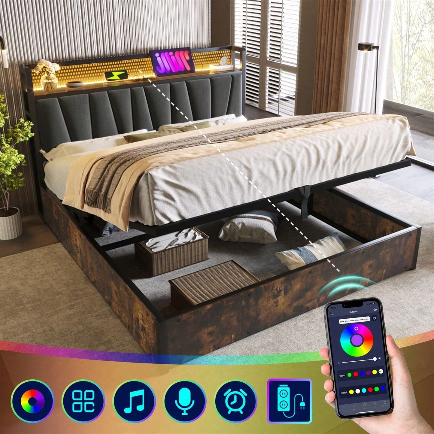 Polsterbett Metallbett LED App-Control Doppelbett mit aufladen USB Ladefunktion Kopfteil und LED-Beleuchtung,Metallbett 140x200cm Lattenrost aus Holz, Grau