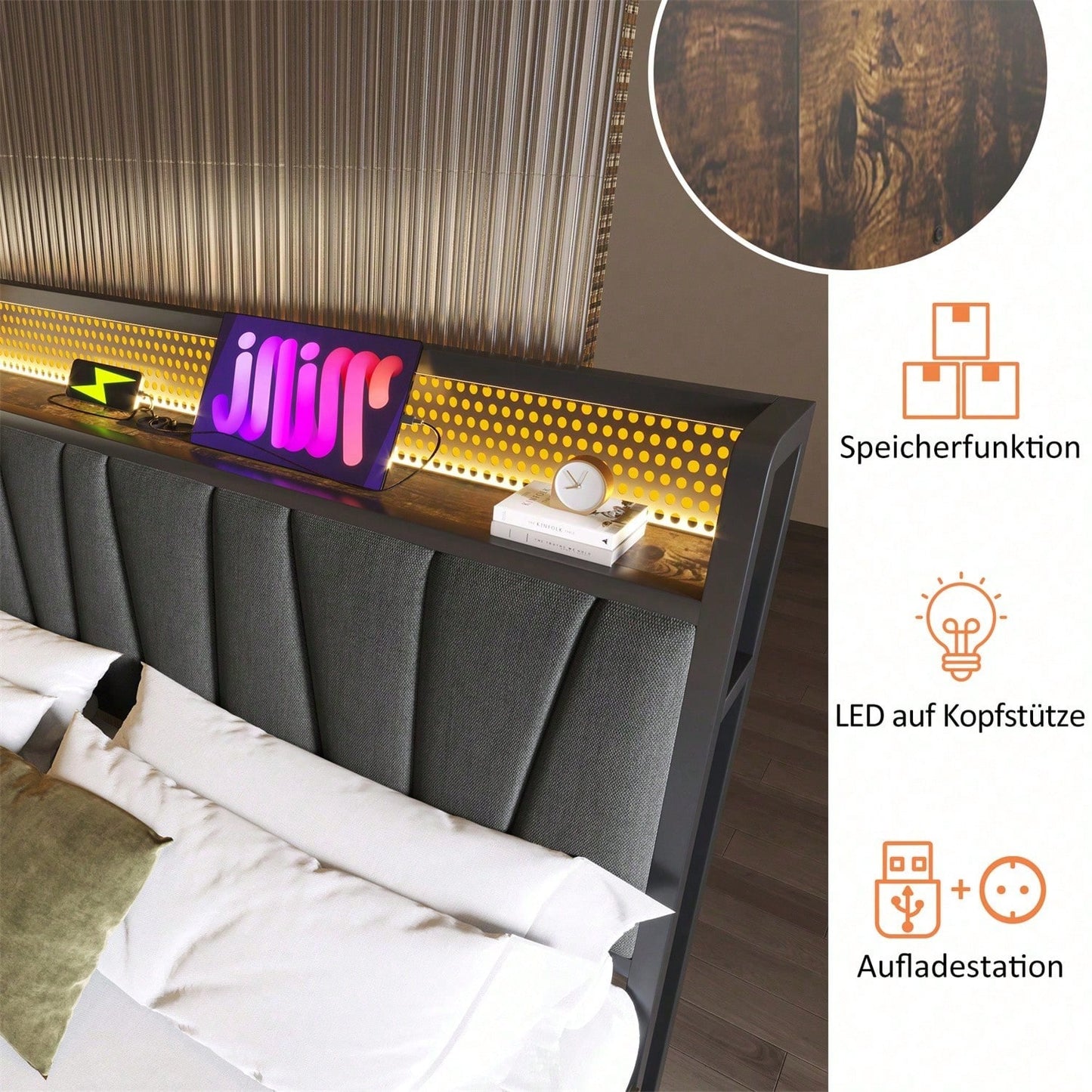Polsterbett Metallbett LED App-Control Doppelbett mit aufladen USB Ladefunktion Kopfteil und LED-Beleuchtung,Metallbett 140x200cm Lattenrost aus Holz, Grau