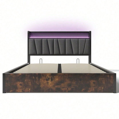 Polsterbett Metallbett LED App-Control Doppelbett mit aufladen USB Ladefunktion Kopfteil und LED-Beleuchtung,Metallbett 140x200cm Lattenrost aus Holz, Grau