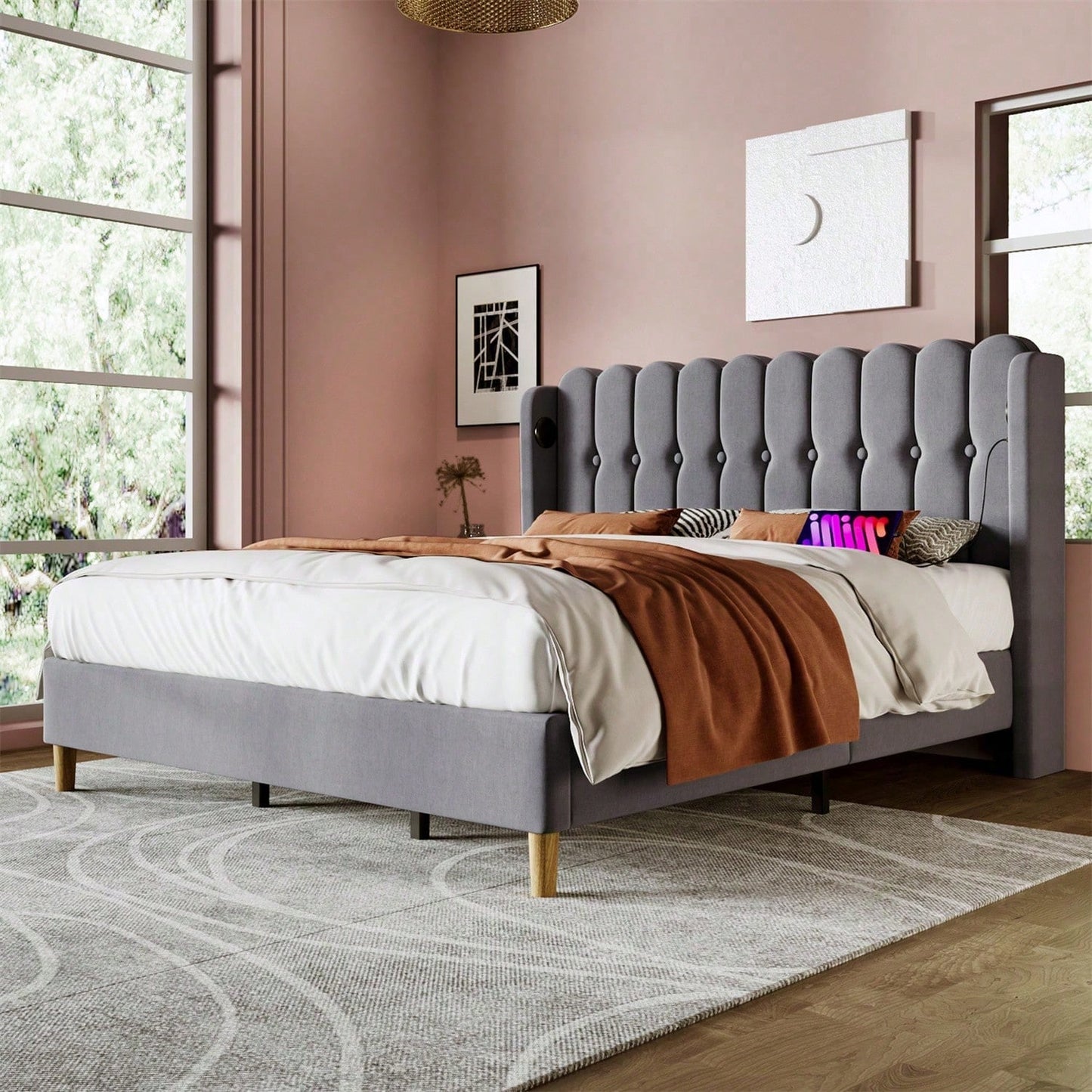 Polsterbett Doppelbett mit USB Typ C Ladefunktion, Bettgestell mit Lattenrost , Gepolstertes bett in Grau,180 x 200 cm Bettrahmen Jugendbett für Schlafzimmer Gästezimmer-Leinenmaterial