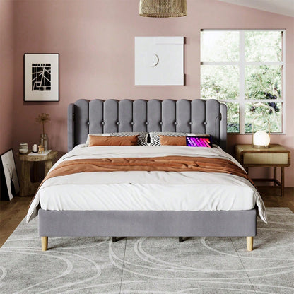 Polsterbett Doppelbett mit USB Typ C Ladefunktion, Bettgestell mit Lattenrost , Gepolstertes bett in Grau,180 x 200 cm Bettrahmen Jugendbett für Schlafzimmer Gästezimmer-Leinenmaterial