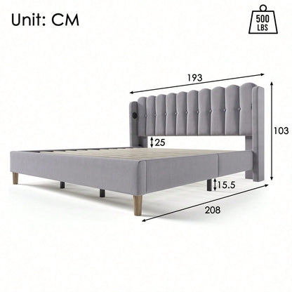 Polsterbett Doppelbett mit USB Typ C Ladefunktion, Bettgestell mit Lattenrost , Gepolstertes bett in Grau,180 x 200 cm Bettrahmen Jugendbett für Schlafzimmer Gästezimmer-Leinenmaterial