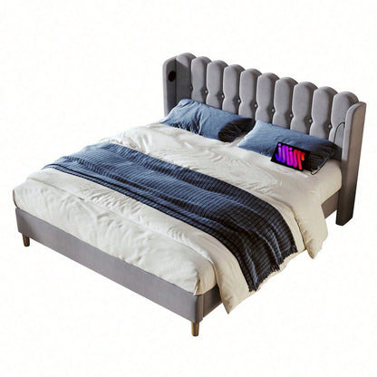 Polsterbett Doppelbett mit USB Typ C Ladefunktion, Bettgestell mit Lattenrost , Gepolstertes bett in Grau,180 x 200 cm Bettrahmen Jugendbett für Schlafzimmer Gästezimmer-Leinenmaterial