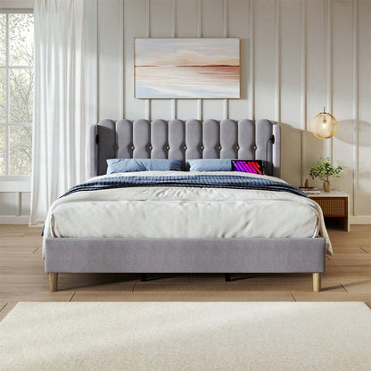 Polsterbett Doppelbett mit USB Typ C Ladefunktion, Bettgestell mit Lattenrost , Gepolstertes bett in Grau,180 x 200 cm Bettrahmen Jugendbett für Schlafzimmer Gästezimmer-Leinenmaterial