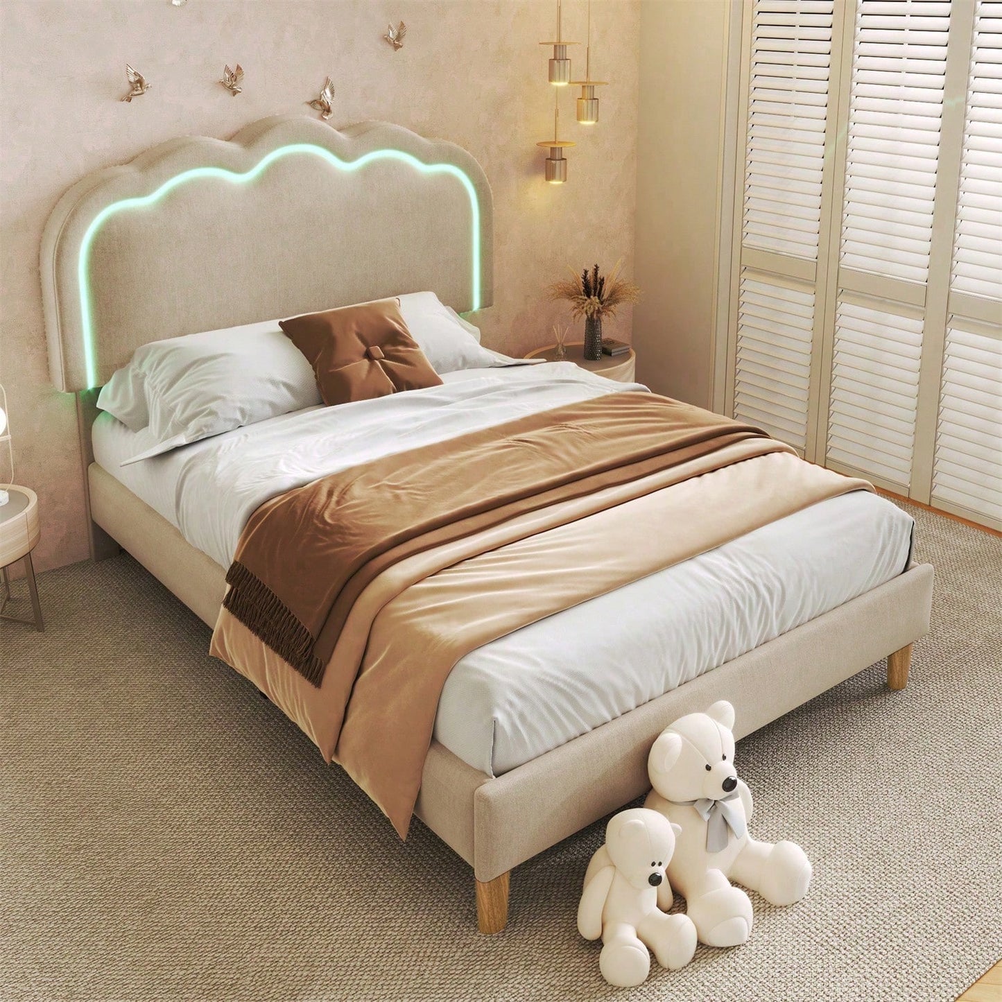Polsterbett LED Einzelbett 90 x 200cm, Bettgestell mit Lattenrost und Verstellbares Kopfteil, Gepolstertes bett in Rosa,Bettrahmen Jugendbett für Schlafzimmer Gästezimmer-Samt