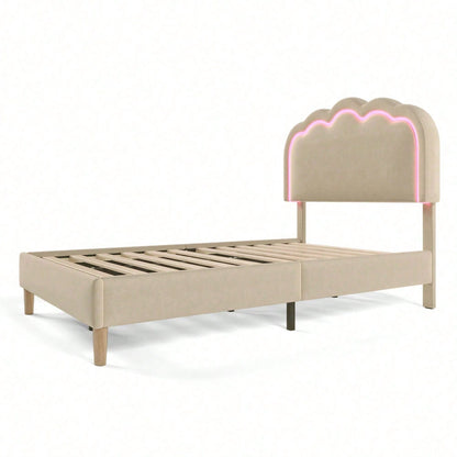 Polsterbett LED Einzelbett 90 x 200cm, Bettgestell mit Lattenrost und Verstellbares Kopfteil, Gepolstertes bett in Rosa,Bettrahmen Jugendbett für Schlafzimmer Gästezimmer-Samt