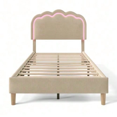 Polsterbett LED Einzelbett 90 x 200cm, Bettgestell mit Lattenrost und Verstellbares Kopfteil, Gepolstertes bett in Rosa,Bettrahmen Jugendbett für Schlafzimmer Gästezimmer-Samt