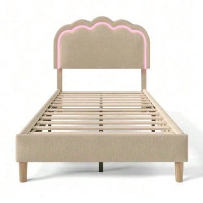 Polsterbett LED Einzelbett 90 x 200cm, Bettgestell mit Lattenrost und Verstellbares Kopfteil, Gepolstertes bett in Rosa,Bettrahmen Jugendbett für Schlafzimmer Gästezimmer-Samt