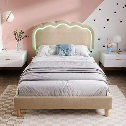 Polsterbett LED Einzelbett 90 x 200cm, Bettgestell mit Lattenrost und Verstellbares Kopfteil, Gepolstertes bett in Rosa,Bettrahmen Jugendbett für Schlafzimmer Gästezimmer-Samt