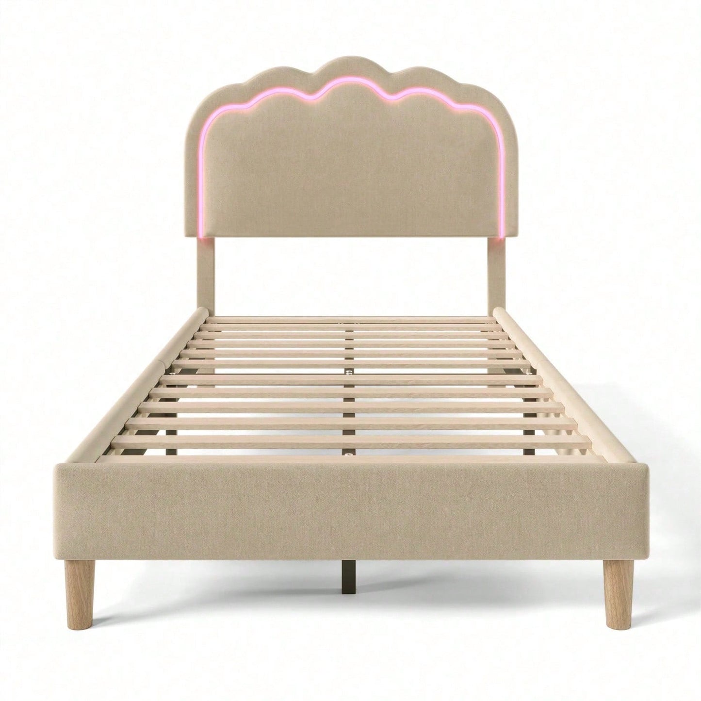 Polsterbett LED Einzelbett 90 x 200cm, Bettgestell mit Lattenrost und Verstellbares Kopfteil, Gepolstertes bett in Rosa,Bettrahmen Jugendbett für Schlafzimmer Gästezimmer-Samt