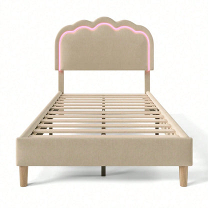 Polsterbett LED Einzelbett 90 x 200cm, Bettgestell mit Lattenrost und Verstellbares Kopfteil, Gepolstertes bett in Rosa,Bettrahmen Jugendbett für Schlafzimmer Gästezimmer-Samt