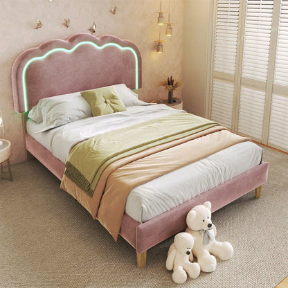 Polsterbett LED Einzelbett 90 x 200cm, Bettgestell mit Lattenrost und Verstellbares Kopfteil, Gepolstertes bett in Rosa,Bettrahmen Jugendbett für Schlafzimmer Gästezimmer-Samt