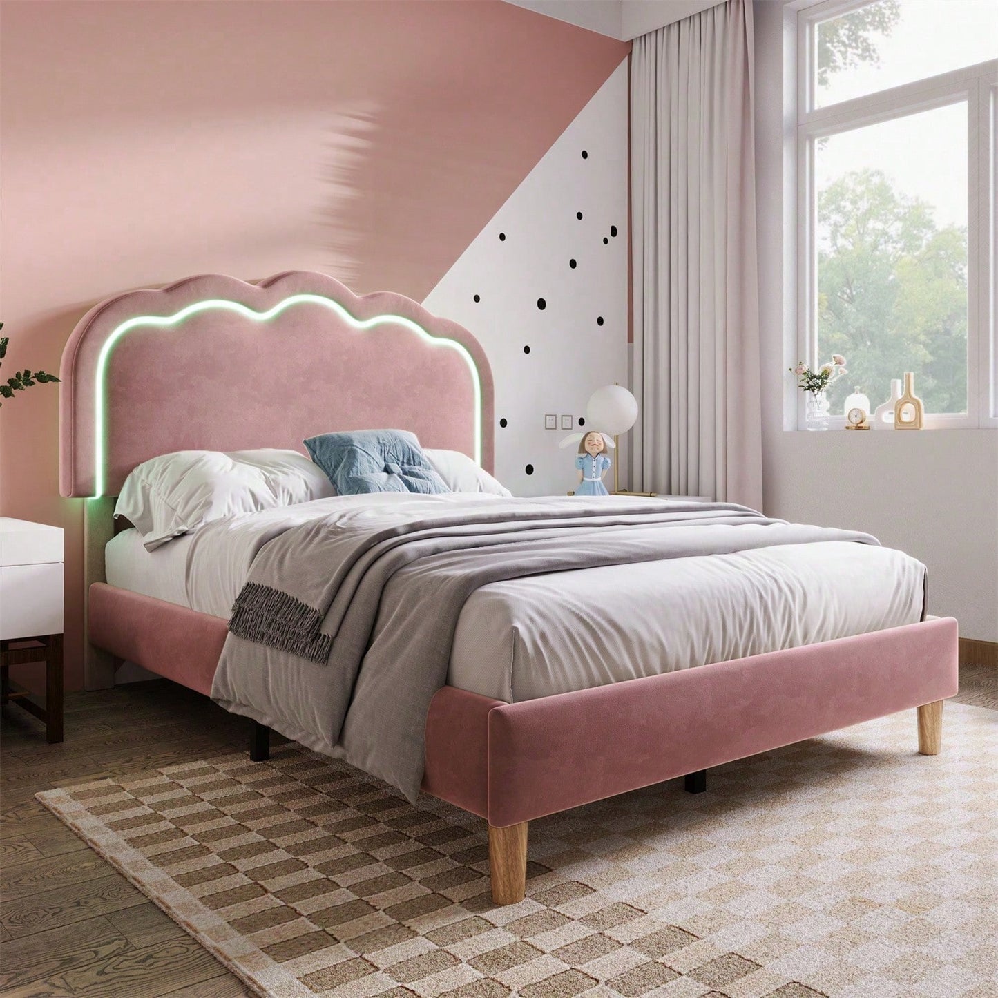 Polsterbett LED Einzelbett 90 x 200cm, Bettgestell mit Lattenrost und Verstellbares Kopfteil, Gepolstertes bett in Rosa,Bettrahmen Jugendbett für Schlafzimmer Gästezimmer-Samt