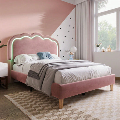 Polsterbett LED Einzelbett 90 x 200cm, Bettgestell mit Lattenrost und Verstellbares Kopfteil, Gepolstertes bett in Rosa,Bettrahmen Jugendbett für Schlafzimmer Gästezimmer-Samt