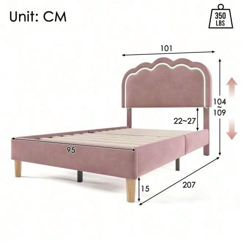 Polsterbett LED Einzelbett 90 x 200cm, Bettgestell mit Lattenrost und Verstellbares Kopfteil, Gepolstertes bett in Rosa,Bettrahmen Jugendbett für Schlafzimmer Gästezimmer-Samt