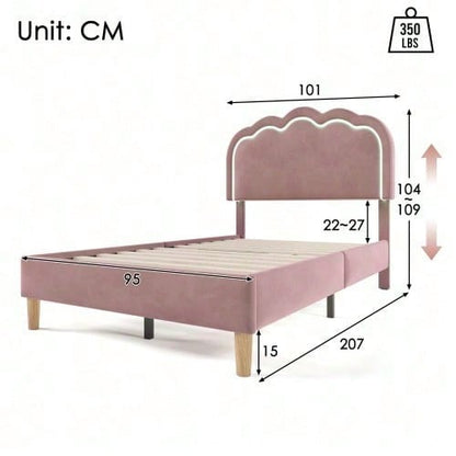 Polsterbett LED Einzelbett 90 x 200cm, Bettgestell mit Lattenrost und Verstellbares Kopfteil, Gepolstertes bett in Rosa,Bettrahmen Jugendbett für Schlafzimmer Gästezimmer-Samt