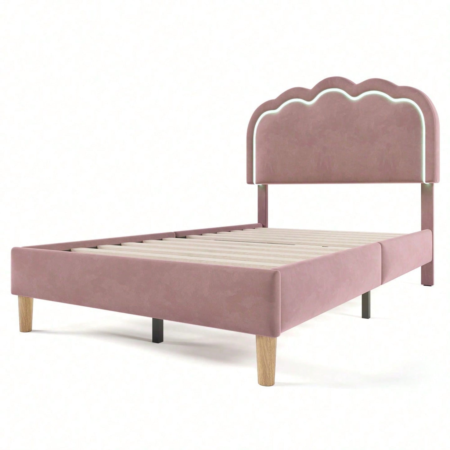 Polsterbett LED Einzelbett 90 x 200cm, Bettgestell mit Lattenrost und Verstellbares Kopfteil, Gepolstertes bett in Rosa,Bettrahmen Jugendbett für Schlafzimmer Gästezimmer-Samt
