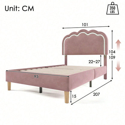 Polsterbett LED Einzelbett 90 x 200cm, Bettgestell mit Lattenrost und Verstellbares Kopfteil, Gepolstertes bett in Rosa,Bettrahmen Jugendbett für Schlafzimmer Gästezimmer-Samt