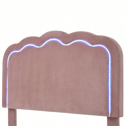 Polsterbett LED Einzelbett 90 x 200cm, Bettgestell mit Lattenrost und Verstellbares Kopfteil, Gepolstertes bett in Rosa,Bettrahmen Jugendbett für Schlafzimmer Gästezimmer-Samt