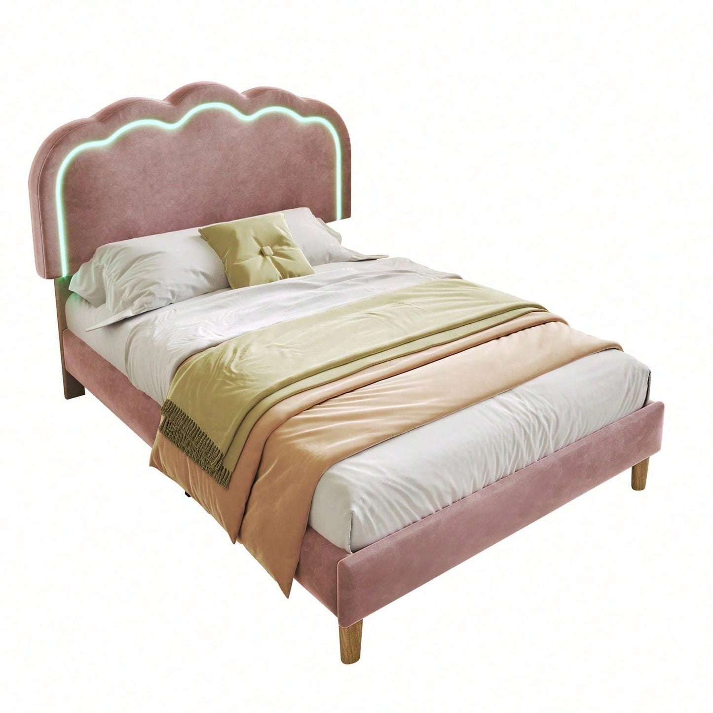 Polsterbett LED Einzelbett 90 x 200cm, Bettgestell mit Lattenrost und Verstellbares Kopfteil, Gepolstertes bett in Rosa,Bettrahmen Jugendbett für Schlafzimmer Gästezimmer-Samt