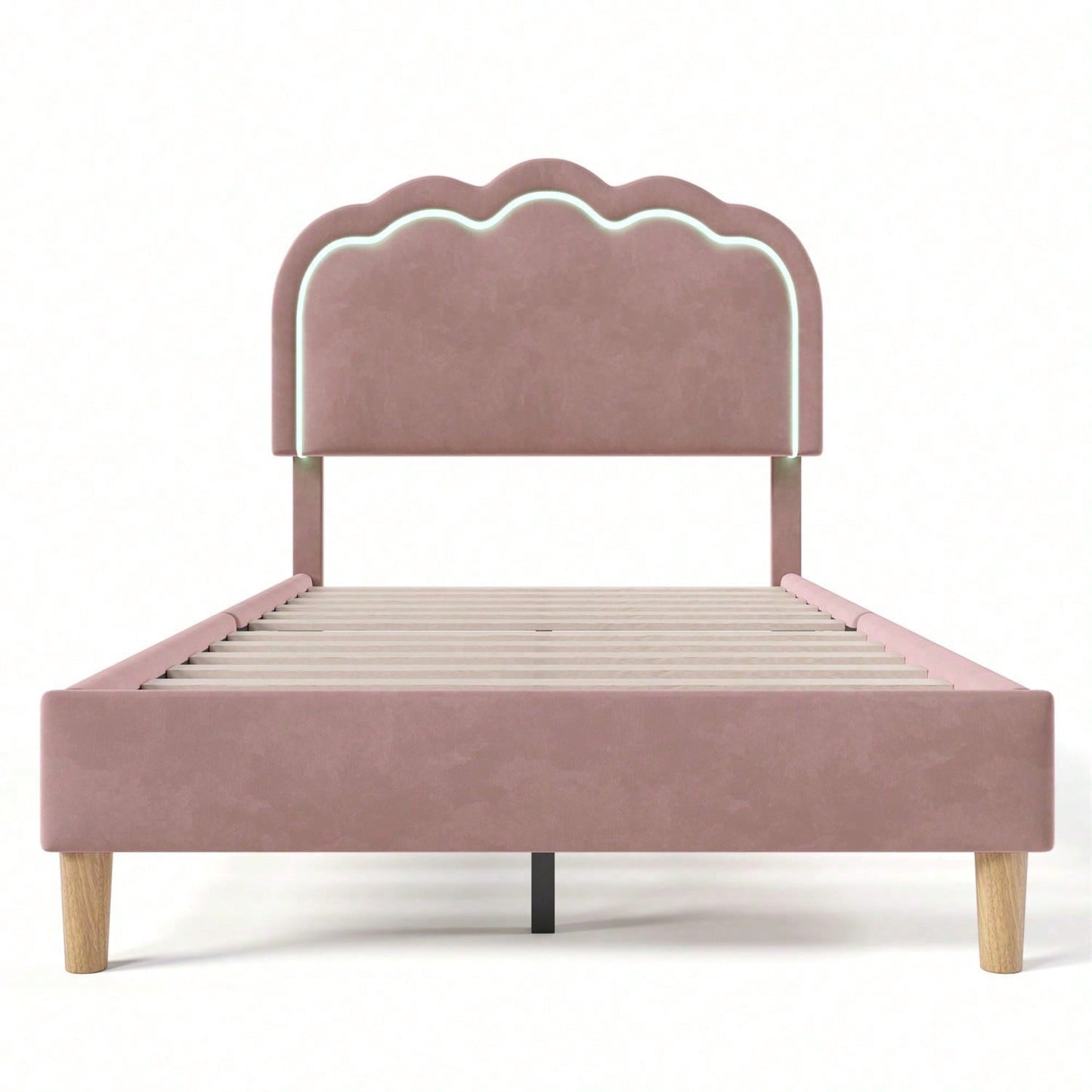 Polsterbett LED Einzelbett 90 x 200cm, Bettgestell mit Lattenrost und Verstellbares Kopfteil, Gepolstertes bett in Rosa,Bettrahmen Jugendbett für Schlafzimmer Gästezimmer-Samt