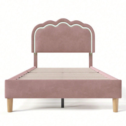 Polsterbett LED Einzelbett 90 x 200cm, Bettgestell mit Lattenrost und Verstellbares Kopfteil, Gepolstertes bett in Rosa,Bettrahmen Jugendbett für Schlafzimmer Gästezimmer-Samt