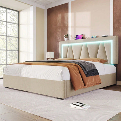 Polsterbett LED Doppelbett mit USB Typ C Ladefunktion und LED-Beleuchtung,Stauraumbetten Bettgestell aus Leinenmaterial Jugendbett 160x200 mit lattenrost