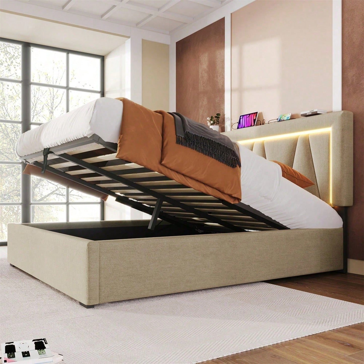 Polsterbett LED Doppelbett mit USB Typ C Ladefunktion und LED-Beleuchtung,Stauraumbetten Bettgestell aus Leinenmaterial Jugendbett 160x200 mit lattenrost