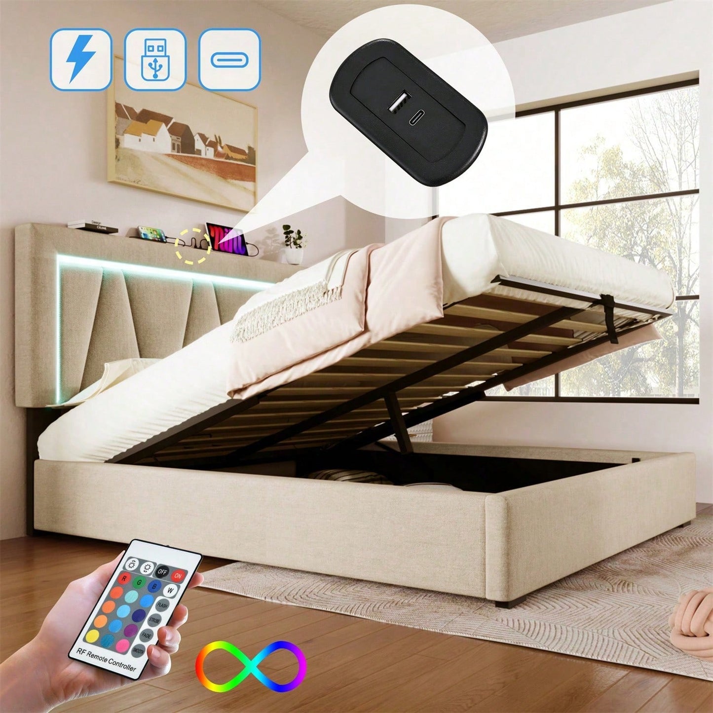 Polsterbett LED Doppelbett mit USB Typ C Ladefunktion und LED-Beleuchtung,Stauraumbetten Bettgestell aus Leinenmaterial Jugendbett 160x200 mit lattenrost