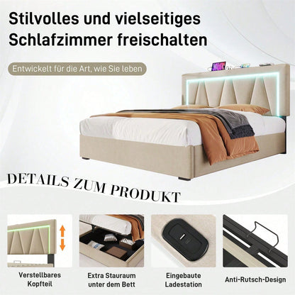 Polsterbett LED Doppelbett mit USB Typ C Ladefunktion und LED-Beleuchtung,Stauraumbetten Bettgestell aus Leinenmaterial Jugendbett 160x200 mit lattenrost